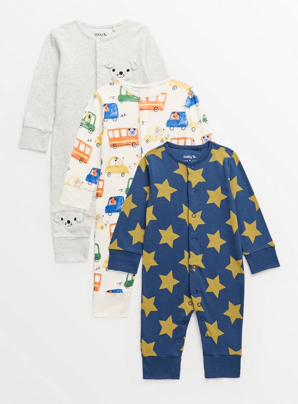 Bright Print Long Sleeve Sleepsuits 3 Pack Up to 1 mth